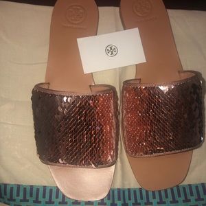 New - Tory Burch Carter Slides | Rose Gold Perfect Blush | Reversible Sequin